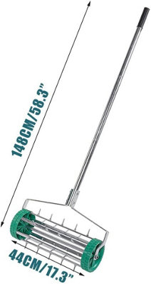 Manual Handheld Rotary Lawn Aerator 18" Spike Roller Dethatching Tool with 3 Piece Handle, Smooth Wheels for Garden & Backyard