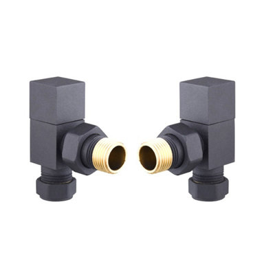 Pair Of Designer Square Angled Radiator Valves In Anthracite - 15mm, Brass Construction