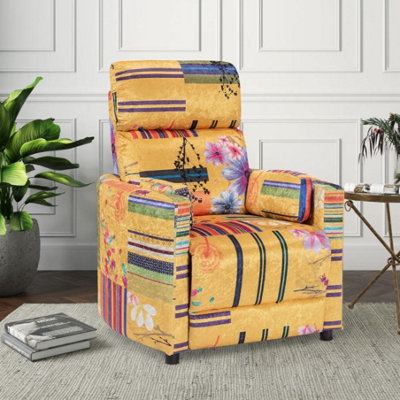 Manual Recliner Chair in Gold Patchwork Fabric