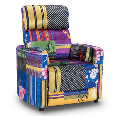 Manual Recliner Chair in Multicoloured Fabric Patchwork