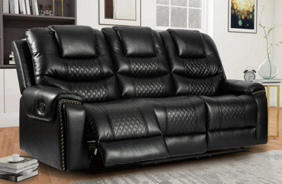 Manual Recliner Sofa in Black Faux Leather 3 Seater Sofa