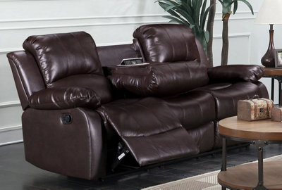 Manual Recliner Sofa in Brown Faux Leather 3 Seater Sofa