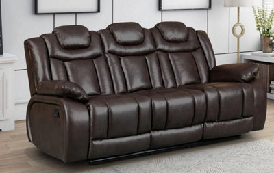 Manual Recliner Sofa in Faux Leather Brown 3 Seater