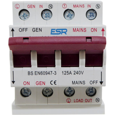 Manual Transfer Switch, 125A 240V Changeover Mains to Generator, DIN Rail Mount