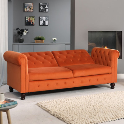 Maplewood Velvet Chesterfield Style Click-Clack Reclining Sofa Bed - Orange