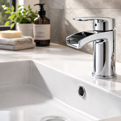 Maral Mono Basin Mixer Tap Chrome - Modern Waterfall Spout Single Lever ...
