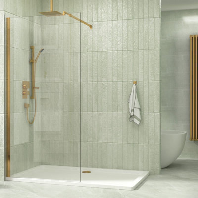 Marbella 700mm Brushed Brass Walk in Wet Room Shower Enclosure Screen Panel 8mm Easy Clean Nano Glass with Support Bar