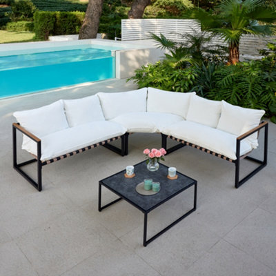 Marbella Black Garden Corner Set with Ivory Cushions