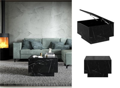 Marble Coffee Table with Storage Black Marble Effect Lift Up Square Top Moon