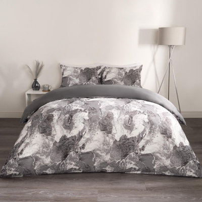 Marble Duvet Cover Set Quilt Bedding Reversible, Grey/White - Double