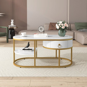 Marble Effect Coffee Table with Drawers and Shelves Side Table with Golden Frame