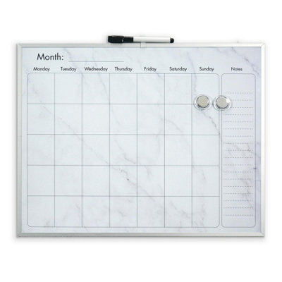 Marble-Effect Magnetic Dry Erase Board with Silver Metal Frame - Day & Month Planner Whiteboard for Home or Office - H40.5 x W51cm