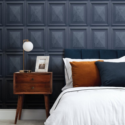 Marble Wood Panel Wallpaper In Navy