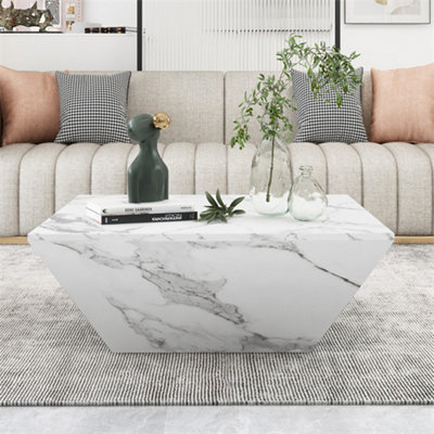 Marbling Veneer Coffee Table for Living Room with 2 Cabinet White ...