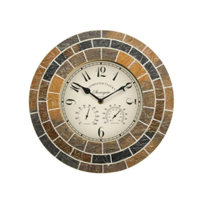 Marco Paul 34cm Stone Slate Outside Clock and Thermometer for Garden