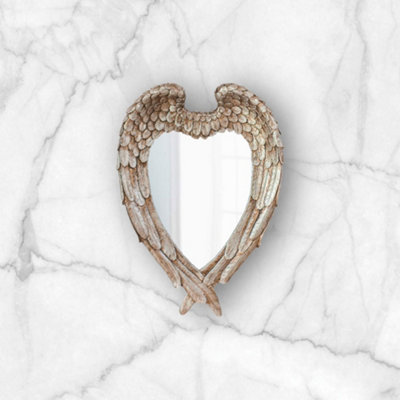 Marco Paul Angel Wings Silver Heart Mirror - Antique Vintage Retro Style Wall Mounted Feather Mirror