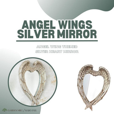 Marco Paul Angel Wings Silver Heart Mirror - Antique Vintage Retro Style Wall Mounted Feather Mirror