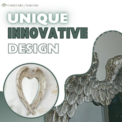 Marco Paul Angel Wings Silver Heart Mirror - Antique Vintage Retro Style Wall Mounted Feather Mirror