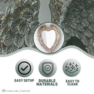 Marco Paul Angel Wings Silver Heart Mirror - Antique Vintage Retro Style Wall Mounted Feather Mirror