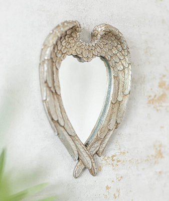 Marco Paul Angel Wings Silver Heart Mirror - Antique Vintage Retro Style Wall Mounted Feather Mirror