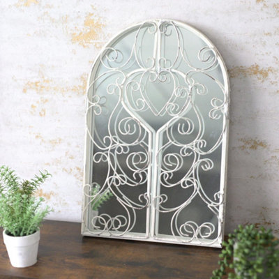 Marco Paul Large French Aged Rustic Large Wall Mounted White Shutter Frame Window Mirror