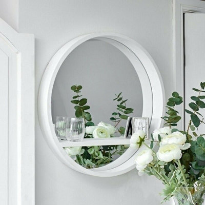 Marco Paul Zone Retro White Wooden Shelf - Large Frame with Adjustable Round Porthole Wall Mirror Floating Shelf
