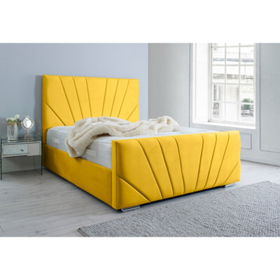 Marco Plush Bed Frame With Lined Headboard - Mustard Gold | DIY at B&Q