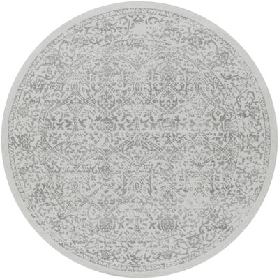 MARGAUX Round Vintage Traditional Oriental Boho Grey/Ivory Area Rug 200 x 200 cm