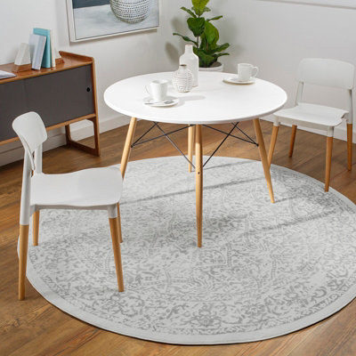 MARGAUX Round Vintage Traditional Oriental Boho Grey/Ivory Area Rug 200 x 200 cm