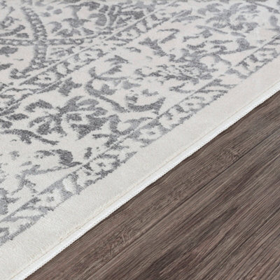 MARGAUX Round Vintage Traditional Oriental Boho Grey/Ivory Area Rug 200 x 200 cm