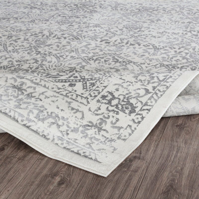 MARGAUX Round Vintage Traditional Oriental Boho Grey/Ivory Area Rug 200 x 200 cm