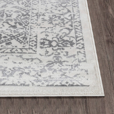 MARGAUX Round Vintage Traditional Oriental Boho Grey/Ivory Area Rug 200 x 200 cm