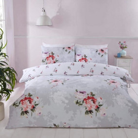 Margot Flowers Reversible Duvet Cover Set Floral Grey Bedding Easy Care Microfibre Polyester
