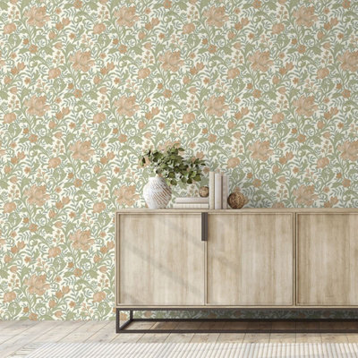 Marian Floral Wallpaper Rust / Cream World of Wallpaper 204105