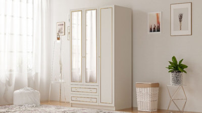 MARIE XL 3 Door 2 Drawer Mirrored Gold White Wardrobe