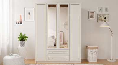 MARIE XL 4 Door 2 Drawer Mirrored Gold White Wardrobe