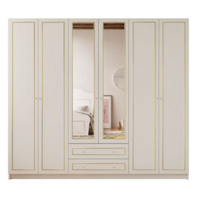 MARIE XL 6 Door 2 Drawer Mirrored Gold White Wardrobe
