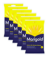 Marigold Extra Life Yellow Cotton Lined Anti Slip Rubber Gloves Large Pack of 6