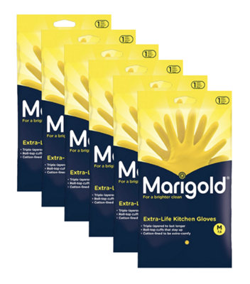 Marigold Extra Life Yellow Cotton Lined Anti Slip Rubber Gloves Medium Pack of 6