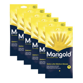 Marigold Extra Life Yellow Cotton Lined Anti Slip Rubber Gloves Medium Pack of 6