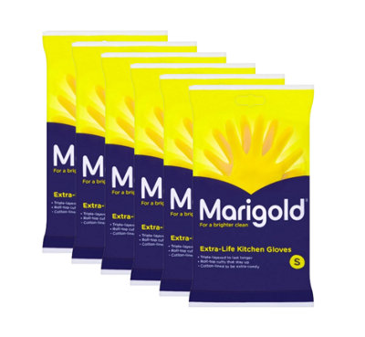 Marigold Extra Life Yellow Cotton Lined Anti Slip Rubber Gloves Small Pack of 6