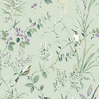 Mariko Bird Floral Wallpaper Green Crown M1552
