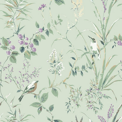 Mariko Bird Floral Wallpaper Green Crown M1552