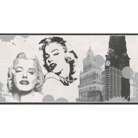 Marilyn Monroe Style Rasch Wallpaper Border White Black Silver New York