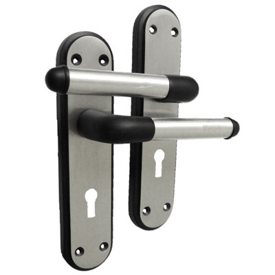 Marina Door Handle Two Tone Lock Lever - Matt Black and Satin by Betley Butterfly