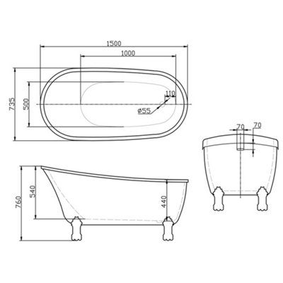Marion Traditional Freestanding White Acrylic Bath with Chrome Feet (L)1500mm (W)735mm