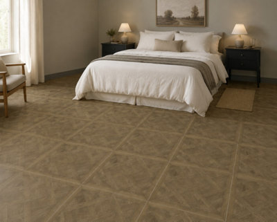 Marivelle Cognac Wood Effect Floor Tile (12 Pack - 3 Box - 4.32m2 Coverage)  - Shower - 60cm x 60cm - Elegant Parquet Geometry