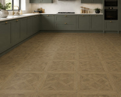 Marivelle Cognac Wood Effect Floor Tile (12 Pack - 3 Box - 4.32m2 Coverage)  - Shower - 60cm x 60cm - Elegant Parquet Geometry