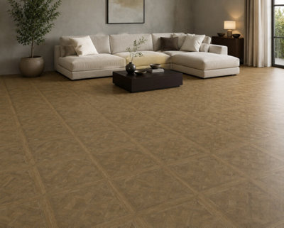 Marivelle Cognac Wood Effect Floor Tile (12 Pack - 3 Box - 4.32m2 Coverage)  - Shower - 60cm x 60cm - Elegant Parquet Geometry