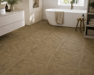 Marivelle Cognac Wood Effect Floor Tile (12 Pack - 3 Box - 4.32m2 Coverage)  - Shower - 60cm x 60cm - Elegant Parquet Geometry